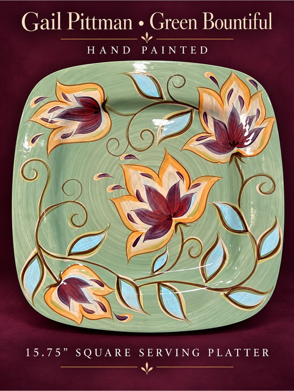 Gorgeous Gail Pittman Green Bountiful Hand Painted Square Serving Platter 15.75”